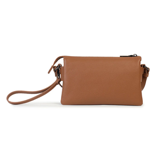 Brown leather crossbody bag on a white background