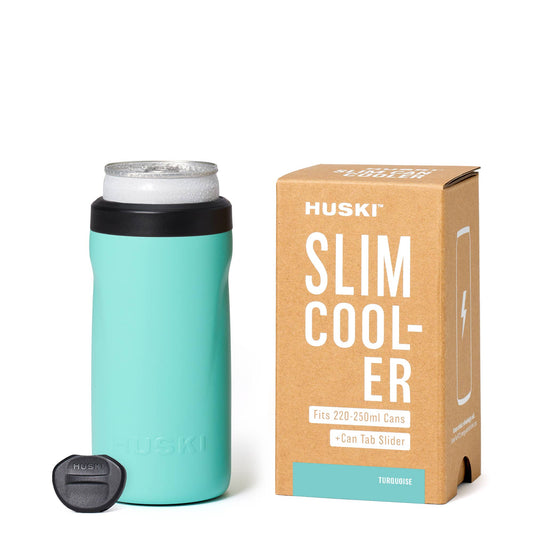 Teal slim cooler with black tab slider and Huski box on a white background