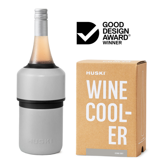 Huski wine cooler with packaging and Good Design Award logo on a white background