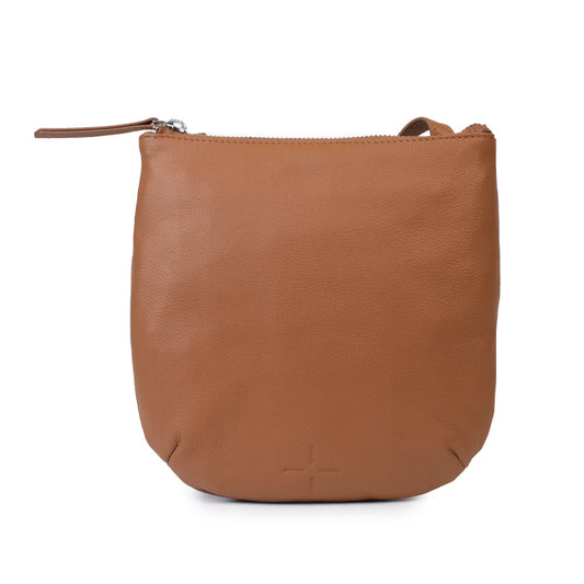 Brown leather handbag on a white background