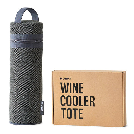 Gray wine cooler tote with blue handle and Huski branded box on a white background