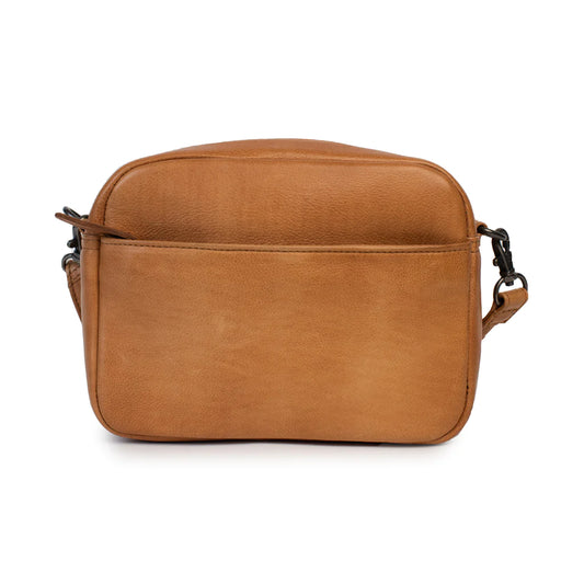 A brown leather clutch bag with a zipper closure and a detachable strap.